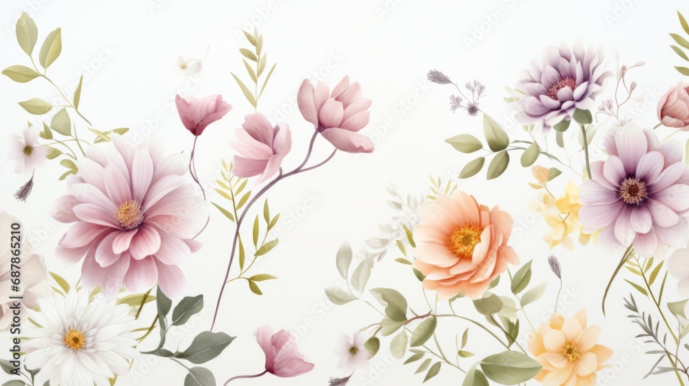 Fototapeta Dainty Abstract flower Bright and cute colors pattern, simple, neutral flowers on white background Seamless pattern of elegant, dainty, neutral watercolor floral for fabric, home decor, and wrapping