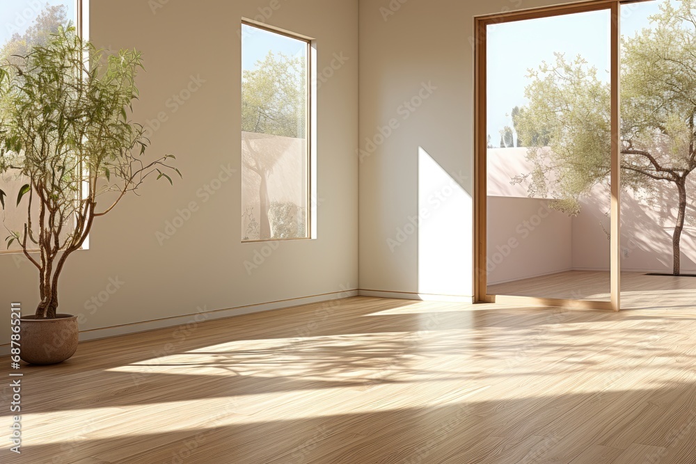 Fototapeta premium In a sunlit empty room with white interiors, natural light fills the space, creating an inviting atmosphere with a seamless connection to the outdoor environment. Photorealistic illustration