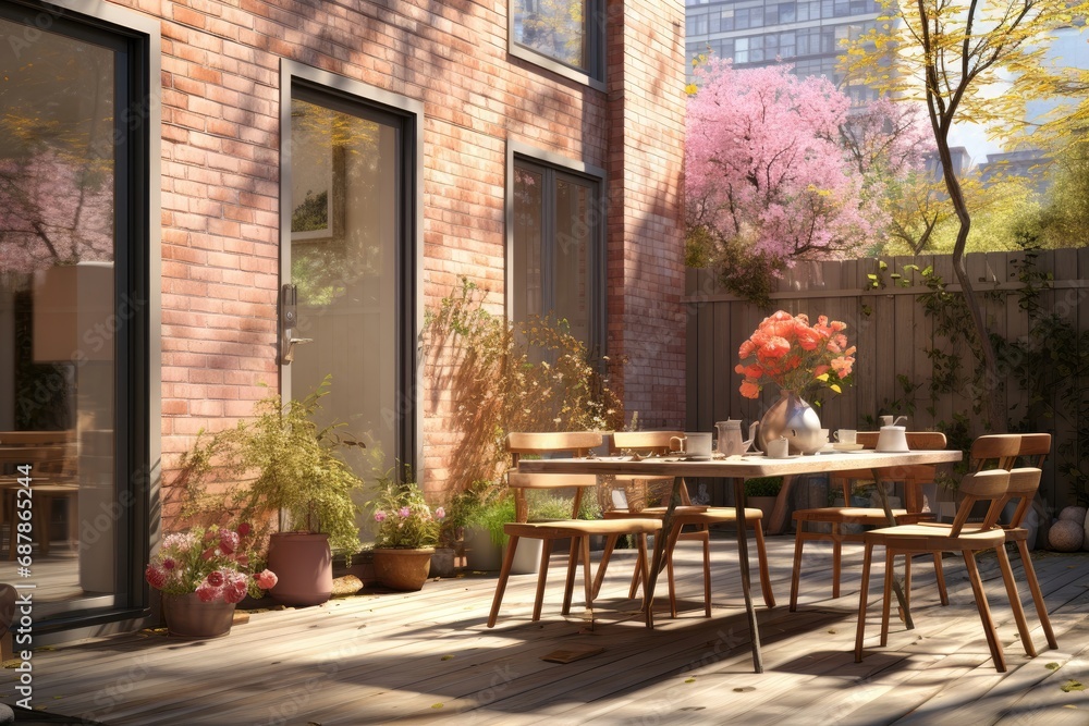 On a deck attached to an urban red brick house, a table and chairs are bathed in sunlight, creating a charming and inviting outdoor space with a touch of rustic elegance. Photorealistic illustration - obrazy, fototapety, plakaty 