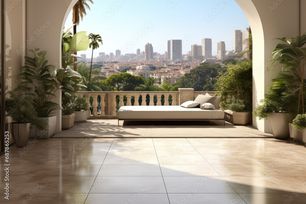 On a sunlit balcony with a marble floor, a daybed is adorned with green plants, creating a serene and stylish outdoor retreat bathed in natural light. Photorealistic illustration
