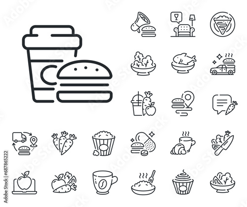 Burger with drink sign. Crepe, sweet popcorn and salad outline icons. Fast food line icon. Cheeseburger symbol. Fast food line sign. Pasta spaghetti, fresh juice icon. Supply chain. Vector