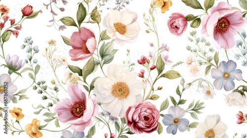 Fototapeta Naklejka Na Ścianę i Meble -  Dainty Abstract flower Bright and cute colors pattern, simple, neutral flowers on white background Seamless pattern of elegant, dainty, neutral watercolor floral for fabric, home decor, and wrapping