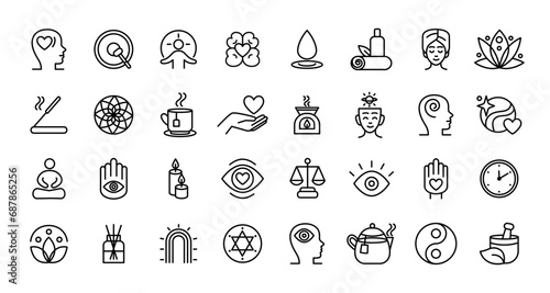 Relax icon. Health self. Mental stress. Mind spiritually. Wellbeing body mood. Psychology holistic nutrition. Skin care spa. Soul energy. Cozy sleep. Aroma candle. Love heart. Vector tidy symbols set