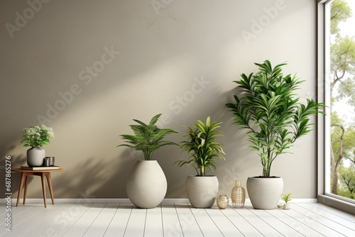 Green potted plants arranged by a sunlit window against a light gray wall create a fresh and natural aesthetic, infusing the space with botanical charm. Photorealistic illustration