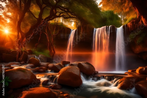 **beautiful waterfall at sunset-