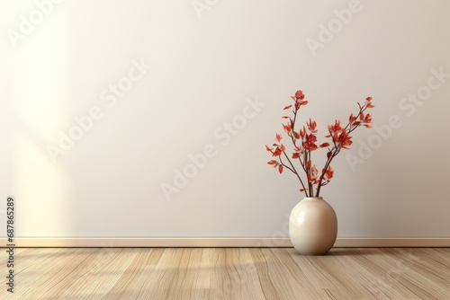 A ceramic vase with branches adorned in red leaves stands against a white wall, creating a simple composition that blends natural elements with a minimalist aesthetic. Photorealistic illustration