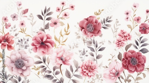 Dainty Abstract flower Bright and cute colors pattern, simple, neutral flowers on white background Seamless pattern of elegant, dainty, neutral watercolor floral for fabric, home decor, and wrapping photo