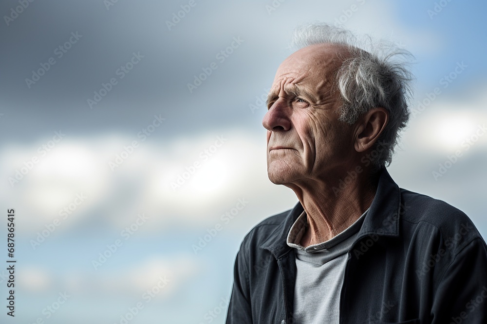 senior, lonely man looking away while sitting and leaning on walking stick senior, lonely man looking away while sitting and leaning on walking stick