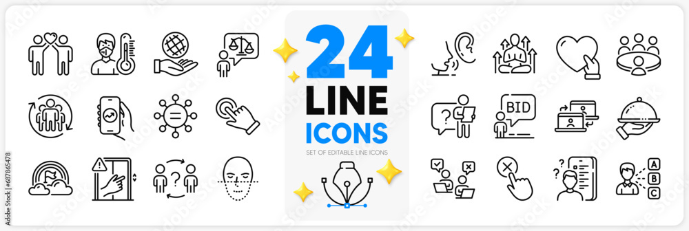 Icons set of Dont touch, Whisper and Delegate question line icons pack for app with Lawyer, Restaurant food, Search employee thin outline icon. Lgbt, Outsource work, Face recognition pictogram. Vector