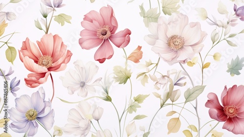 Fototapeta Naklejka Na Ścianę i Meble -  Dainty Abstract flower Bright and cute colors pattern, simple, neutral flowers on white background Seamless pattern of elegant, dainty, neutral watercolor floral for fabric, home decor, and wrapping