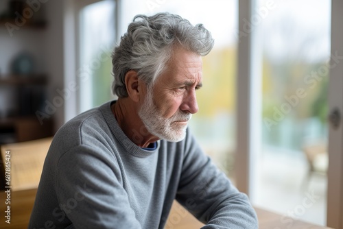 senior, lonely man looking away while sitting and leaning on walking stick photo