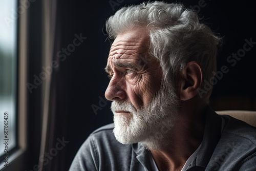 senior, lonely man looking away while sitting and leaning on walking stick © Kowit