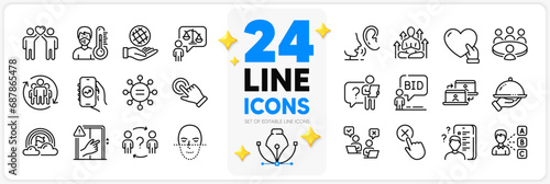 Icons set of Dont touch, Whisper and Delegate question line icons pack for app with Lawyer, Restaurant food, Search employee thin outline icon. Lgbt, Outsource work, Face recognition pictogram. Vector