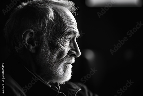 senior, lonely man looking away while sitting and leaning on walking stick