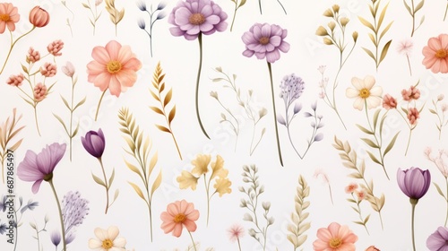 Dainty Abstract flower Bright and cute colors pattern, simple, neutral flowers on white background Seamless pattern of elegant, dainty, neutral watercolor floral for fabric, home decor, and wrapping photo