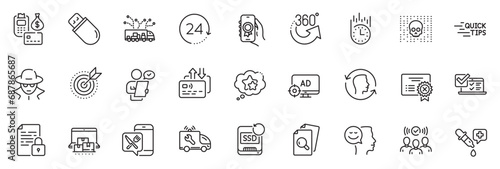 Icons pack as Food app, Target purpose and Fast delivery line icons for app include 24 hours, Fraud, Online survey outline thin icon web set. Seo adblock, Customer survey. Vector
