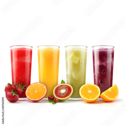 Different tasty juices and fresh ingredients on white background.
