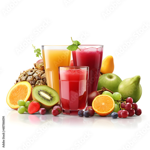 Different tasty juices and fresh ingredients on white background.