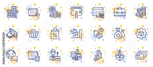Outline set of Startup, Accounting and Cash line icons for web app. Include Product development, Making money, Annual tax pictogram icons. Coins, Loan house, Budget accounting signs. Vector