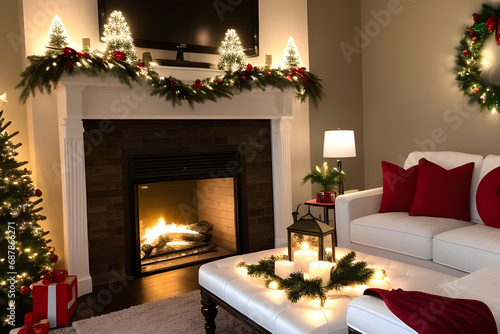 fireplace with christmas decorations. Generative Ai.