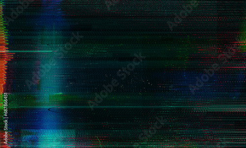 Digital noise overlay. Defect texture. Blue orange glitch artifacts with dust on black background.Glitch overlay. Video damage. Navy blue distorted display. Grunge abstract background. Damaged screen.