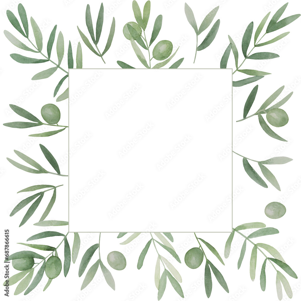 Green olive leaves wreath. Olivaceous twigs, branches, Pronence greenery frame. Watercolor free-hand illustration for postcard, invitation, banner, event flyer, poster, presentation, menu, lifestyle