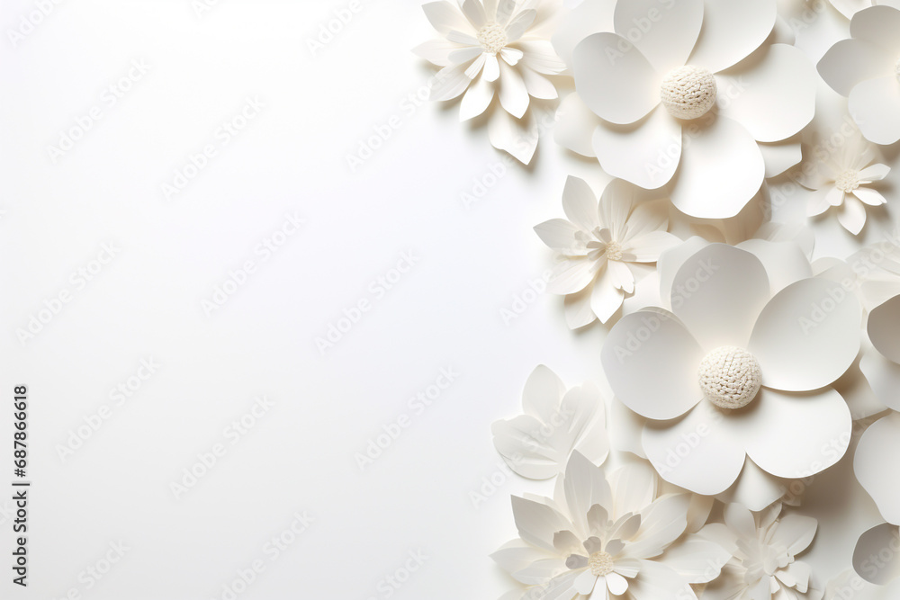 Paper cut flowers and leaves, Fresh spring nature background. Floral banner, poster, flyer template with copy space. Paper cut flowers and leaves, Fresh spring nature background. Floral banner, poster, flyer template with copy space.