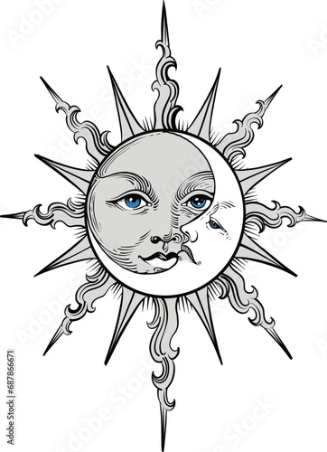 Mystic romantic sun and moon conjunction illustration