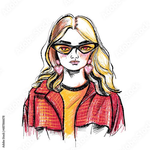 Girl in red coat artistic vector portrait illustration