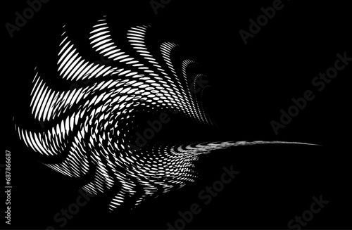 Dotted white twisted radial border with overlaid blackened radii. Vector. For logos, trademarks, emblems. Space for copy text.