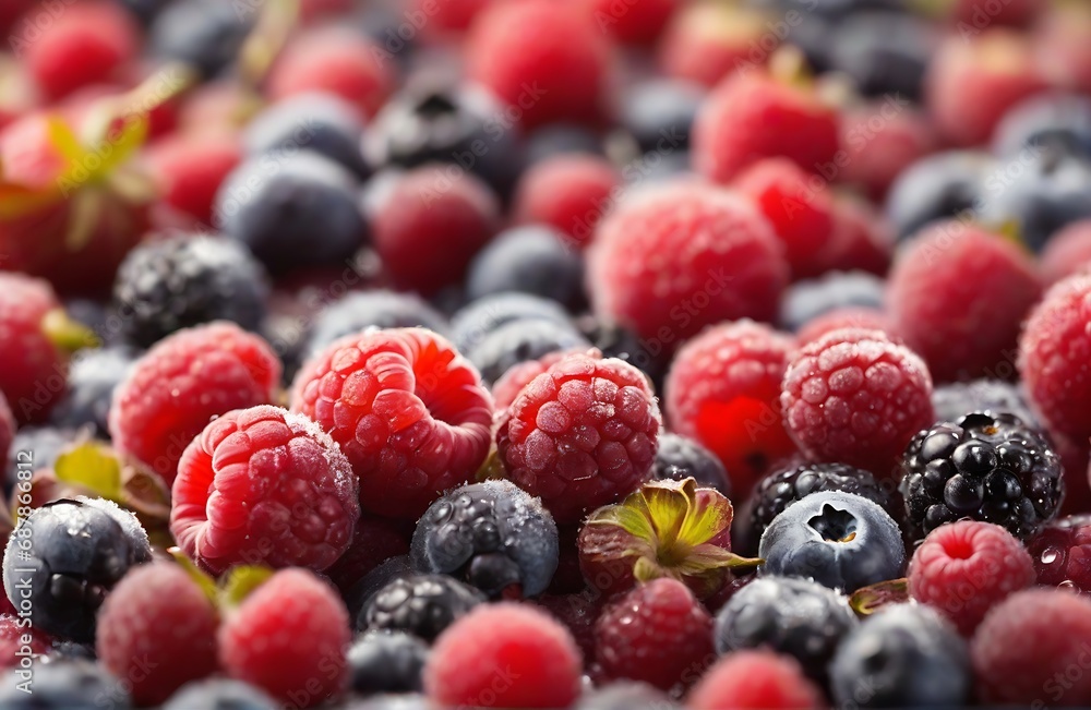 Extreme macro of details on frozen berries. Fresh organic berries harvest. Created with Generative Ai technology. Extreme macro of details on frozen berries. Fresh organic berries harvest. Created with Generative Ai technology.