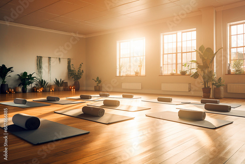 The spacious meditation hall is filled with sunlight. An empty meditation room, mats and rollers for practice are laid out. photo