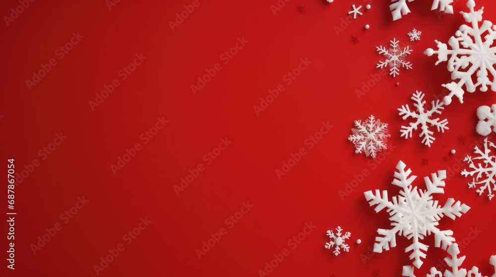 Creative christmas frame on red background. Xmas and New Year holiday, banner, postcard, invitation, celebration. Merry Christmas and happy New Year background. Flat lay, top view.