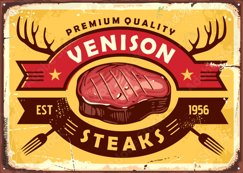 Restaurant retro sign with grilled venison steak on yellow background. Food advertisement. Meat chop vintage vector graphic.
