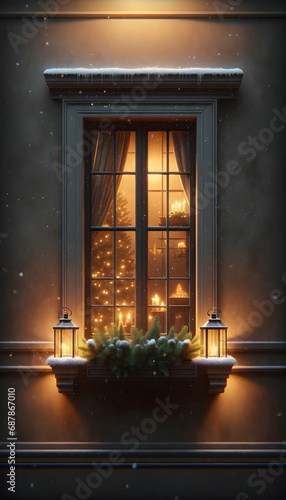 Winter Window with Warm Christmas Glow