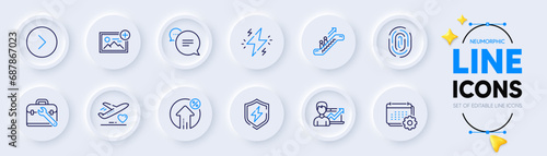 Add photo, Power and Power safety line icons for web app. Pack of Tool case, Success business, Calendar pictogram icons. Medical flight, Forward, Text message signs. Escalator. Vector