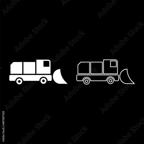 Snowblower snow clear machine snowplow truck plough clearing vehicle equipped seasons transport winter highway service equipment clean set icon white color vector illustration image solid fill 