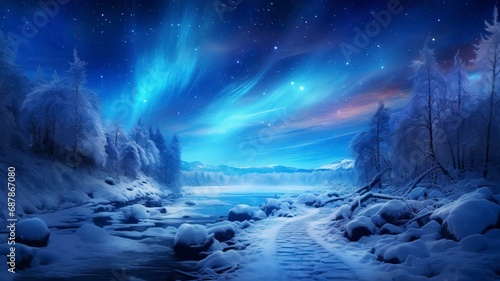 northern lights with sky on snowy path, in the style of video glitches, igor zenin, sky-blue and brown, made by generatiive ai © ImronDesign