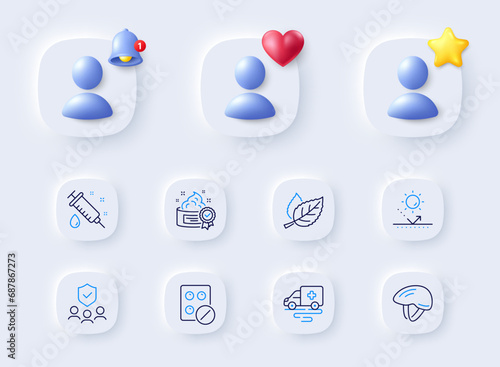 Medical syringe, People insurance and Medical tablet line icons. Placeholder with 3d bell, star, heart. Pack of Cream, Sun protection, Bicycle helmet icon. Leaf, Ambulance transport pictogram. Vector