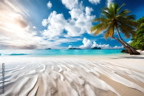 **A nice beach with white sand, cloud, plam tree and wave-
