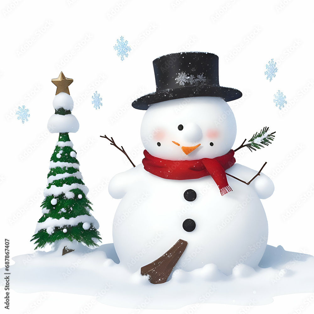 snowman with christmas tree in winter season, ai generative snowman with christmas tree in winter season, ai generative