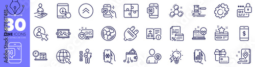 Loyalty card, Electricity bulb and Electric plug line icons pack. Air conditioning, Heart, User web icon. Air fan, Cyber attack, Online test pictogram. Scroll down, Swipe up, Internet. Vector