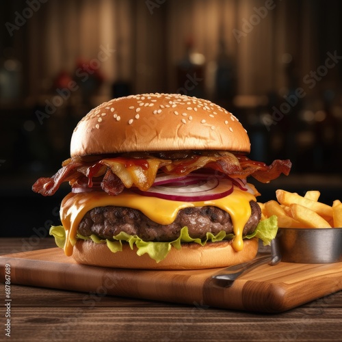 Double beef and bacon burger with cheddar cheese photo