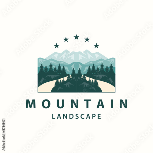 Landscape logo nature adventure design mountain and river luxury vector illustration