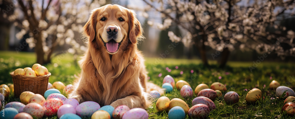 Obraz na płótnie Golden retriever dog with easter basket and easter eggs.  w salonie