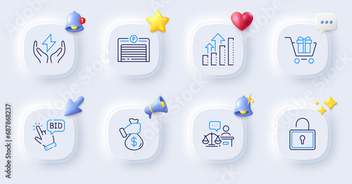 Shopping cart, Bid offer and Bribe line icons. Buttons with 3d bell, chat speech, cursor. Pack of Parking garage, Analysis graph, Lock icon. Safe energy, Court judge pictogram. Vector