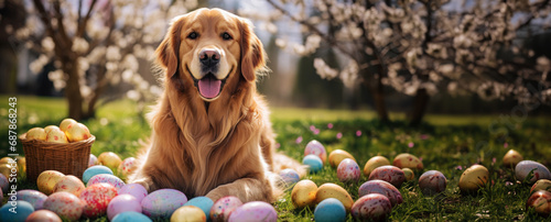 Golden retriever dog with easter basket and easter eggs.  photo