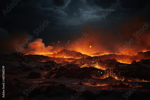 Eruption. Hot lava flows down the surface of the volcano. Generated by artificial intelligence