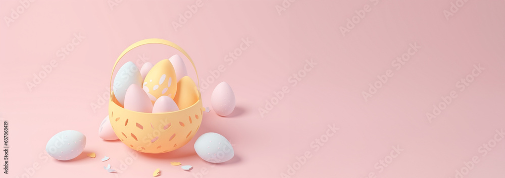 Easter basket with eggs and plants 3d pastel colors. Easter greeting card. Wicker basket with coloured eggs and fresh green grass, Design for textile, greeting cards, invitation, home decor. Easter basket with eggs and plants 3d pastel colors. Easter greeting card. Wicker basket with coloured eggs and fresh green grass, Design for textile, greeting cards, invitation, home decor.