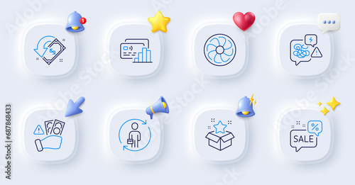Replacement, Stress and Fan engine line icons. Buttons with 3d bell, chat speech, cursor. Pack of Card, Cashback, Discounts bubble icon. Loyalty program, Fraud pictogram. For web app, printing. Vector